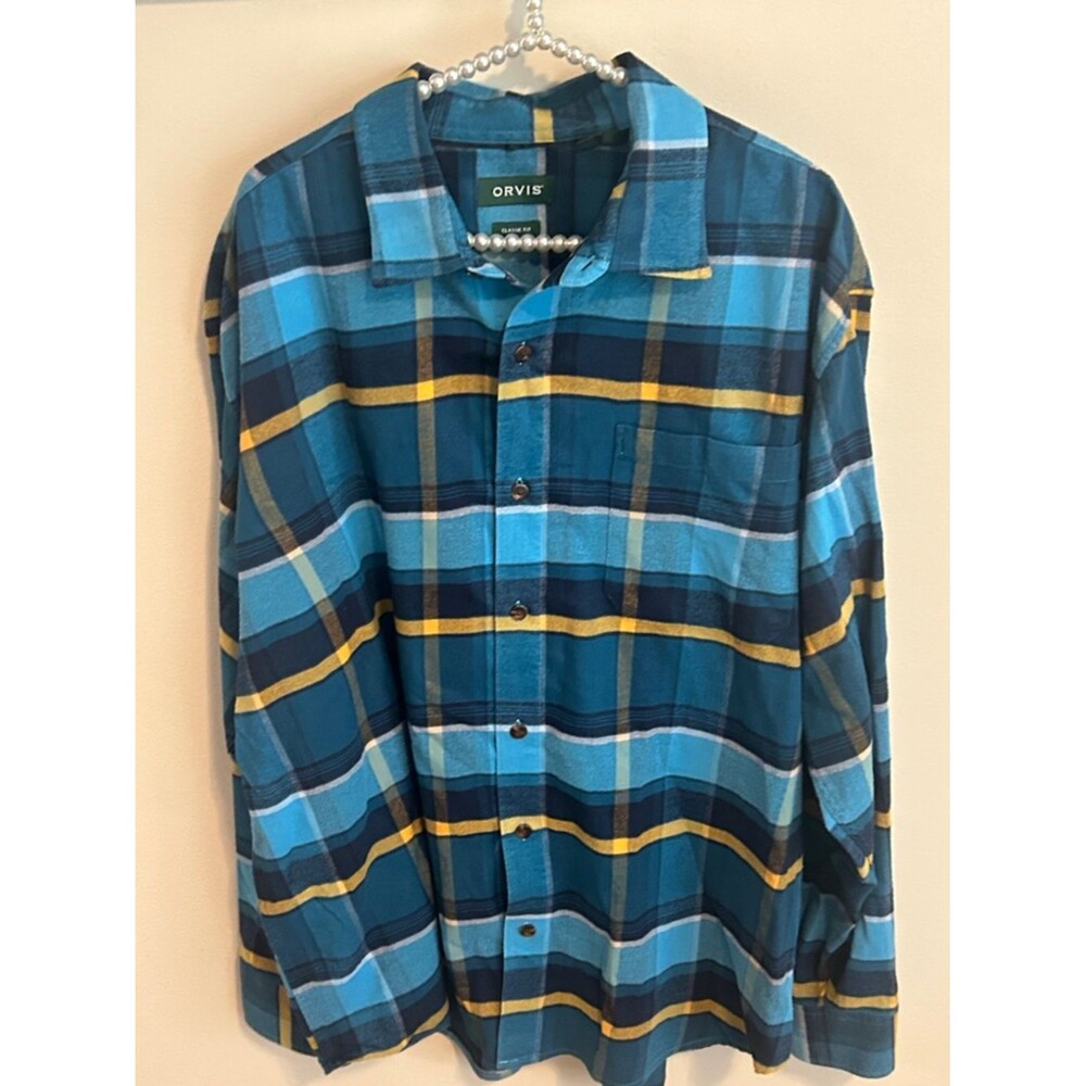 Orvis XL Blue & Yellow Plaid Flannel Shirt Stretch Cotton